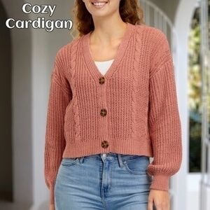 TRUE CRAFT Long Sleeve V-Neck 3-Button Front Cropped Cardigan-Rose/XL NWT
